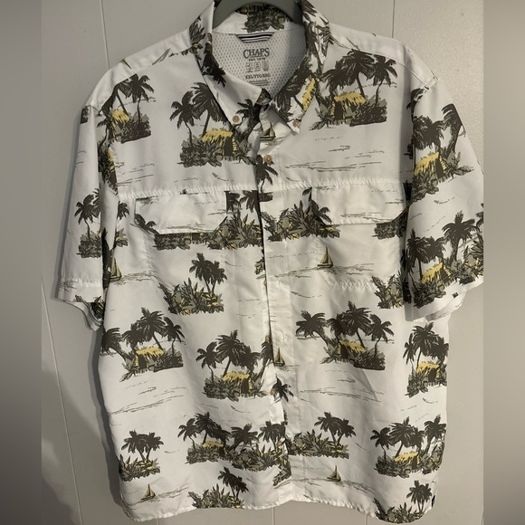 CHAPS XXL HAWAIIAN SHIRT WHITE WITH GREEN PALM TREES 2  POCKETS COLLAR SS - Picture 2 of 11
